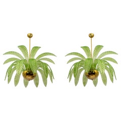 Pair of Mid-Century Modern Palm Leaves Chandelier Murano Glass and Brass, 1970s