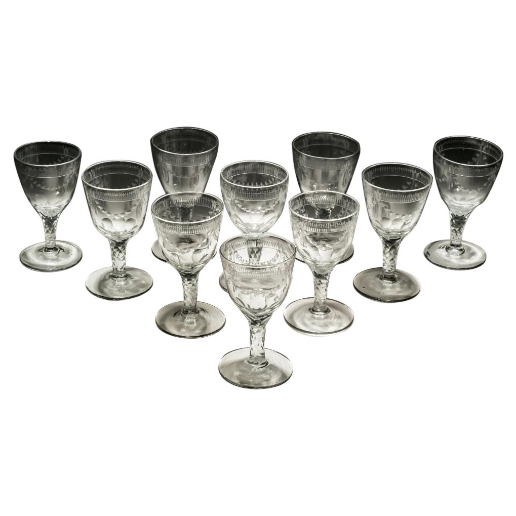 Set of Ten Engraved Facet Stem Continental Goblets For Sale