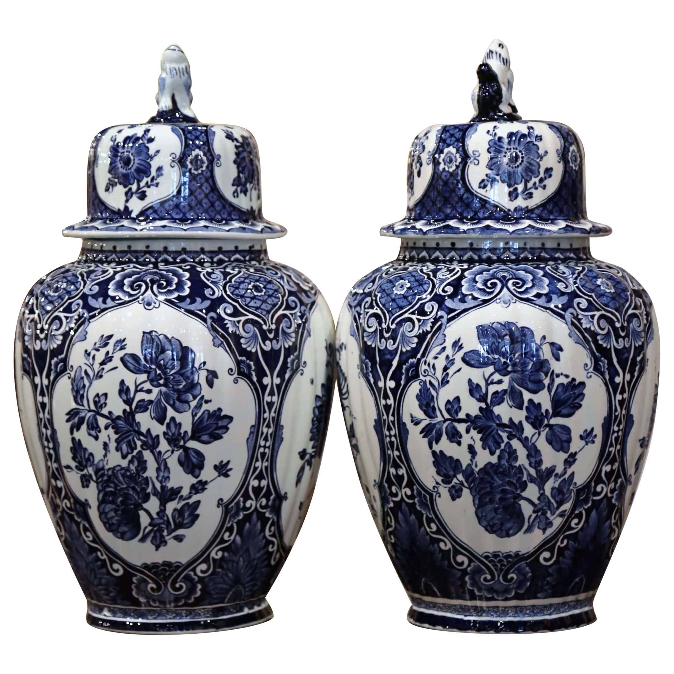 Pair of Mid-20th Century Dutch Painted Blue and White Faience Delft Ginger Jars