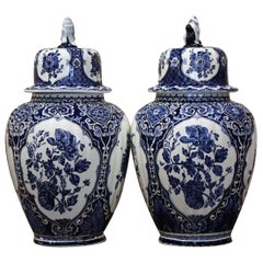 Pair of Mid-20th Century Dutch Painted Blue and White Faience Delft Ginger Jars