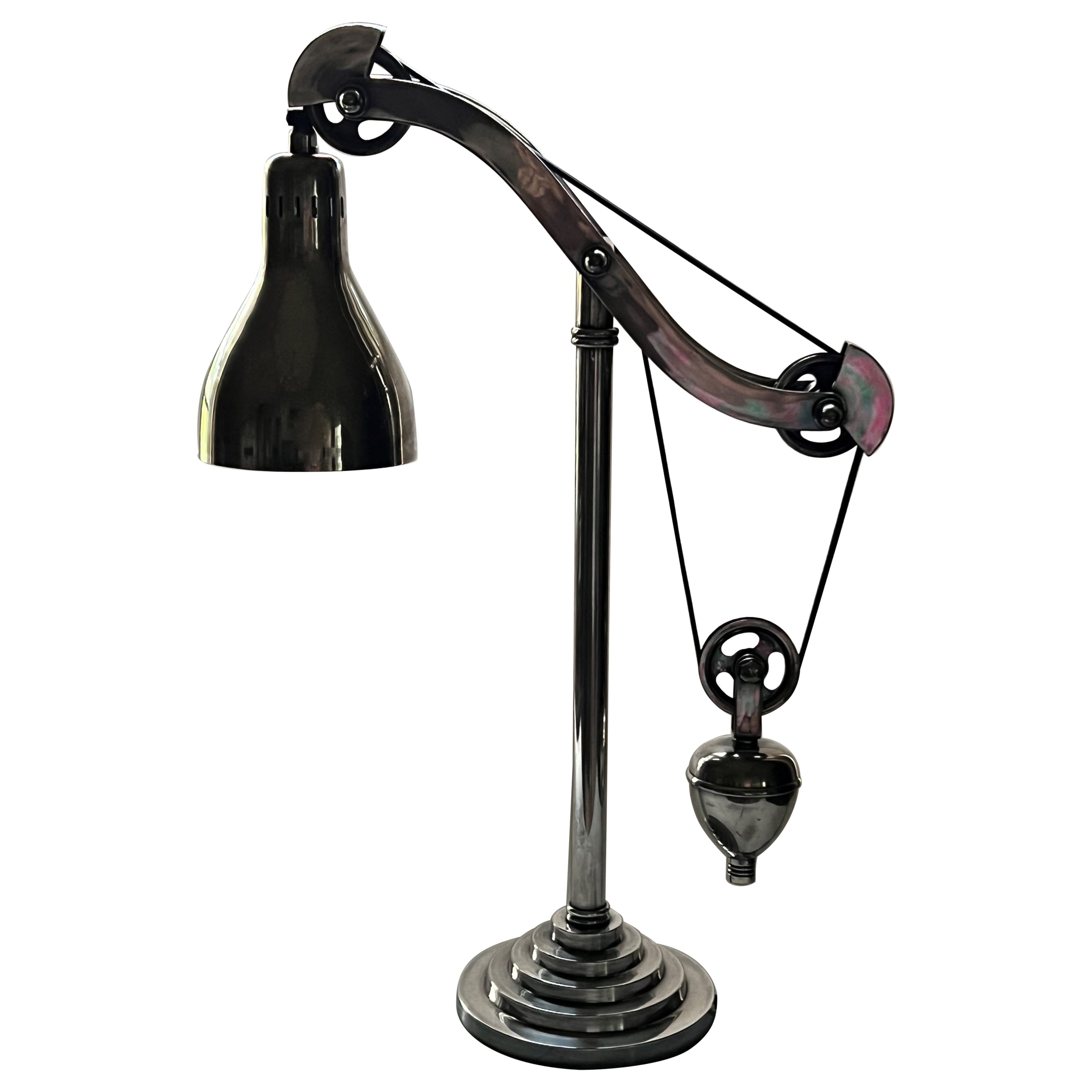 Industrial Counterweight Pulley Desk Lamp in Brass with Antiqued Silver Finish