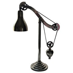 Industrial Counterweight Pulley Desk Lamp in Brass with Antiqued Silver Finish