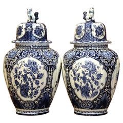 Pair of Mid-20th Century Dutch Painted Blue and White Faience Delft Ginger Jars