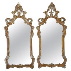 Pair of Vintage, Carved Wood, Italian Mirrors with Pickled Finish