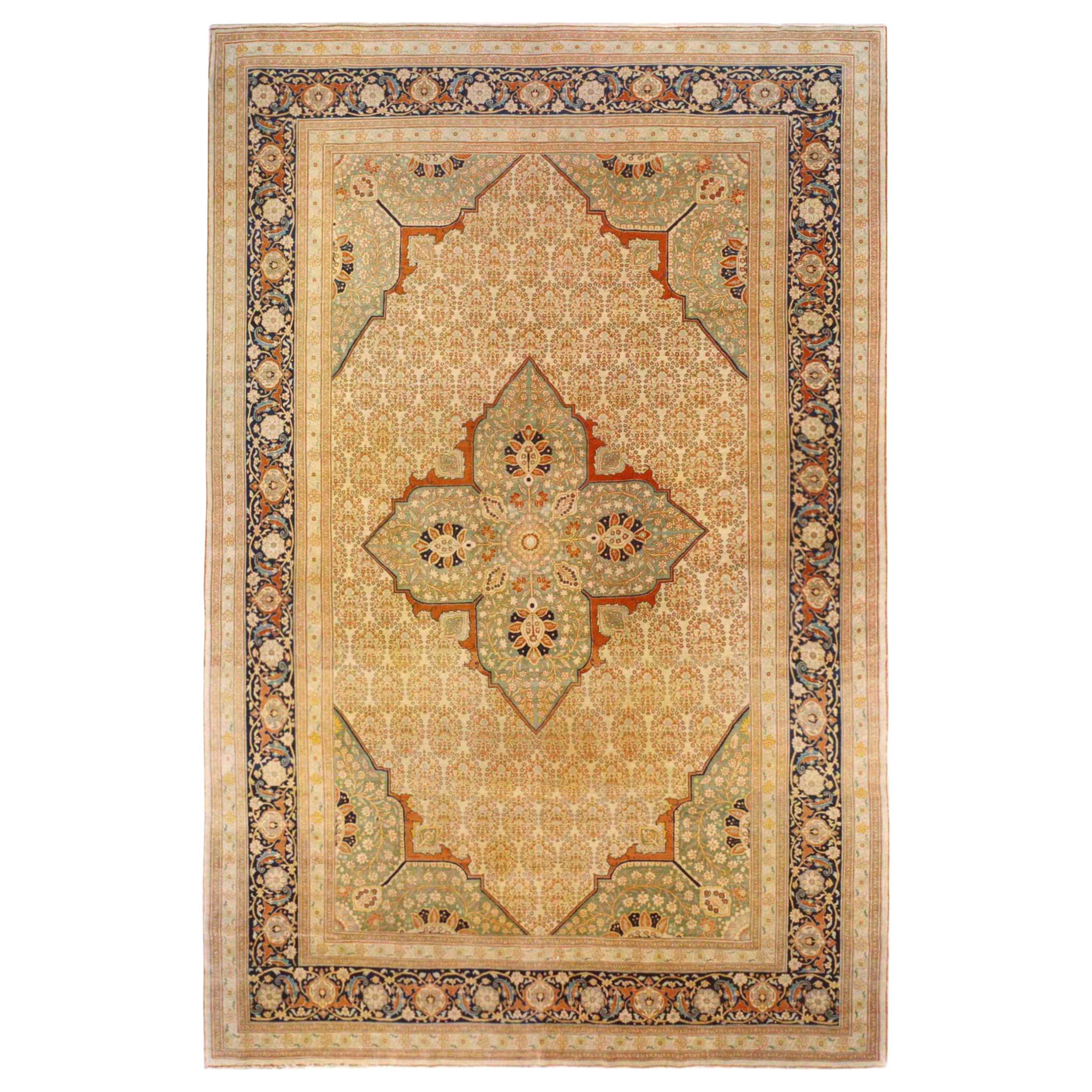 Antique Persian Tabriz Hadji Jalili Carpet in Room Size with Central Medallion