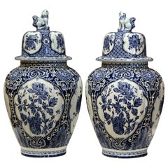 Vintage Pair of Mid-20th Century Dutch Painted Blue and White Faience Delft Ginger Jars