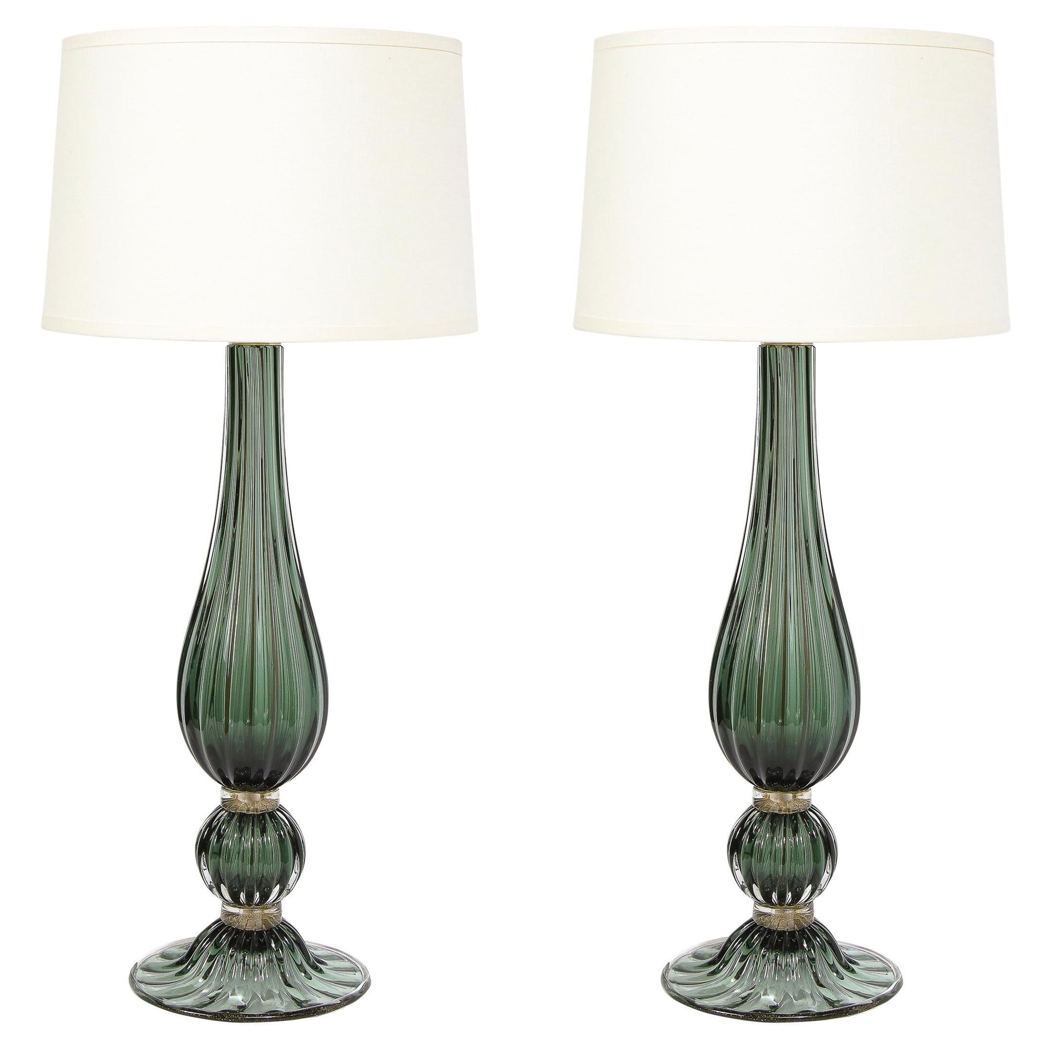 Pair of Modern Hand Blown Murano Green Glass Table Lamps w/ 24 Karat Gold Flecks For Sale