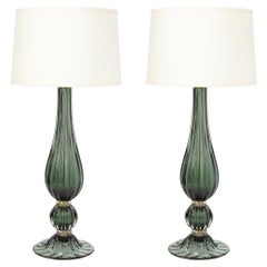Pair of Modern Hand Blown Murano Green Glass Table Lamps w/ 24 Karat Gold Flecks
