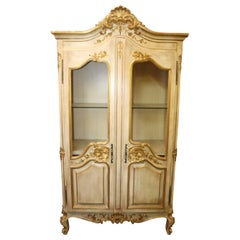 Unique Antique White Painted and Gilded Armoire China Cabinet Vitrine circa 1940
