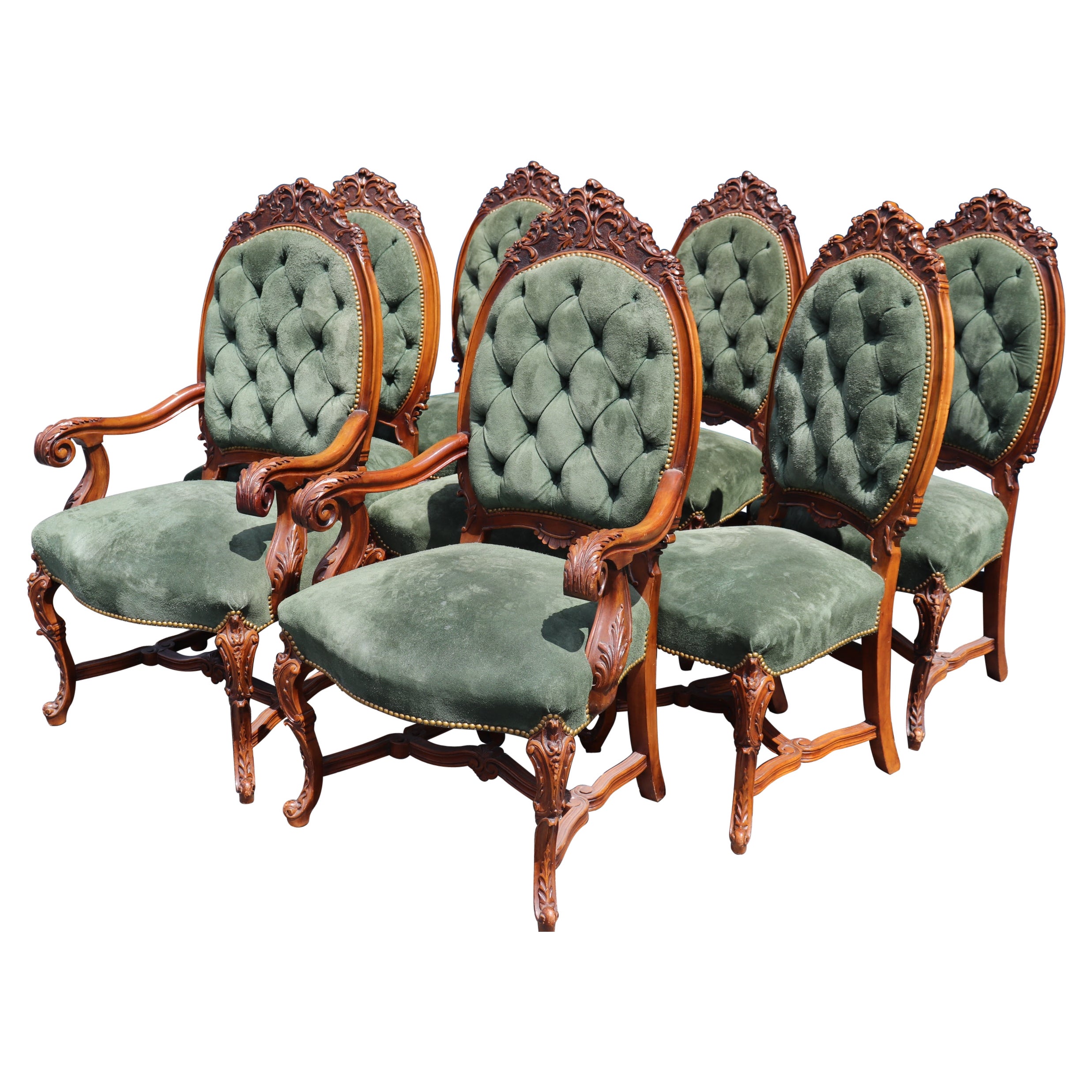 Fine Set 8 Carved Walnut Throne Style Victorian Dining Chairs with