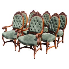 Fine Set 8 Carved Walnut Throne Style Victorian Dining Chairs with Genuine Suede