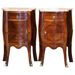 Pair of 19th Century Louis XV Marble Top Walnut Marquetry Bombe Nightstands