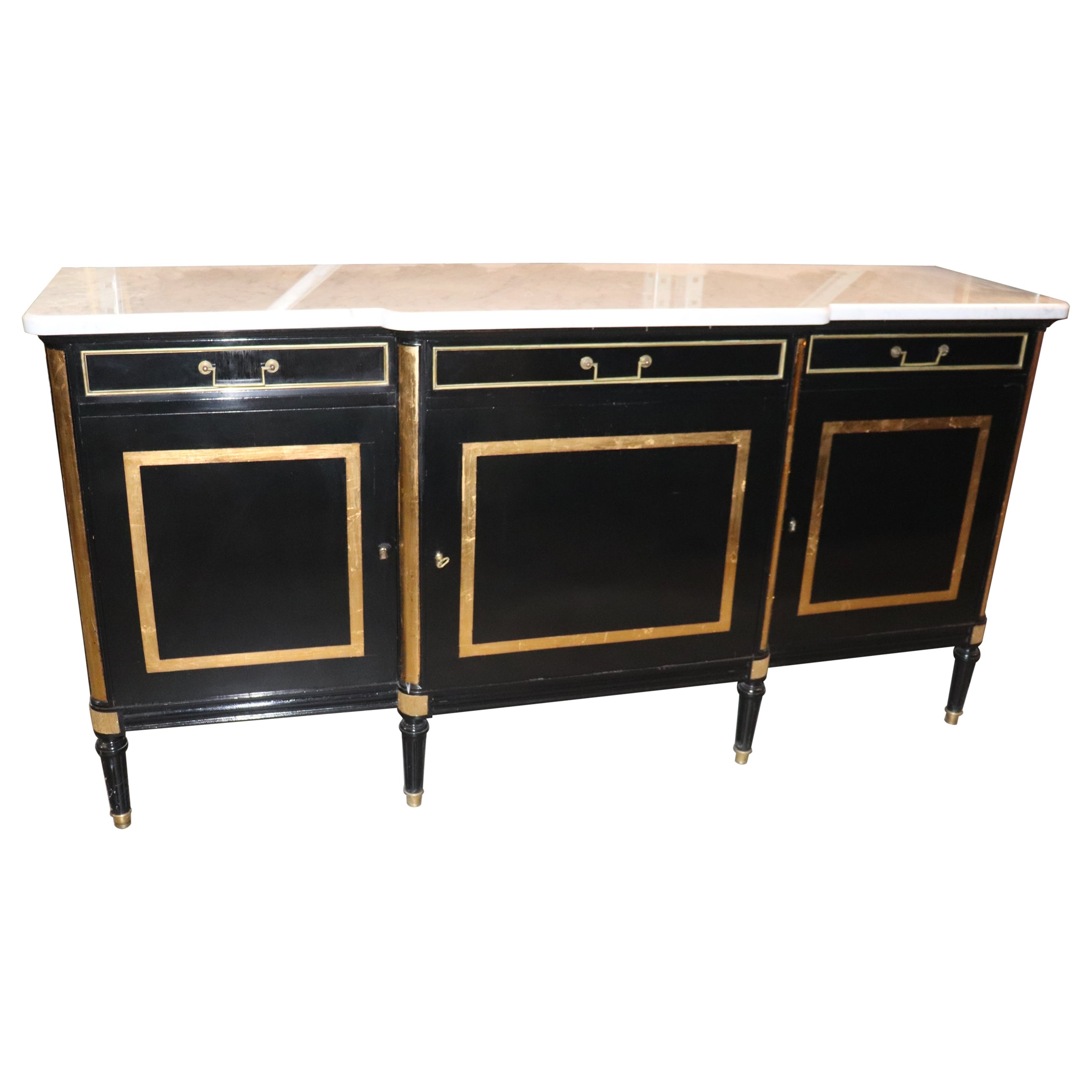 French Signed Jansen Black Lacquer Gilded Marble Top Directoire Sideboard 