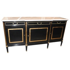 French Signed Jansen Black Lacquer Gilded Marble Top Directoire Sideboard 