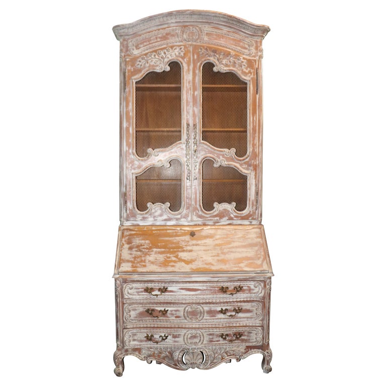 Monumental Distressed White Paint Decorated French Provincial Secretary Desk For Sale at 1stDibs