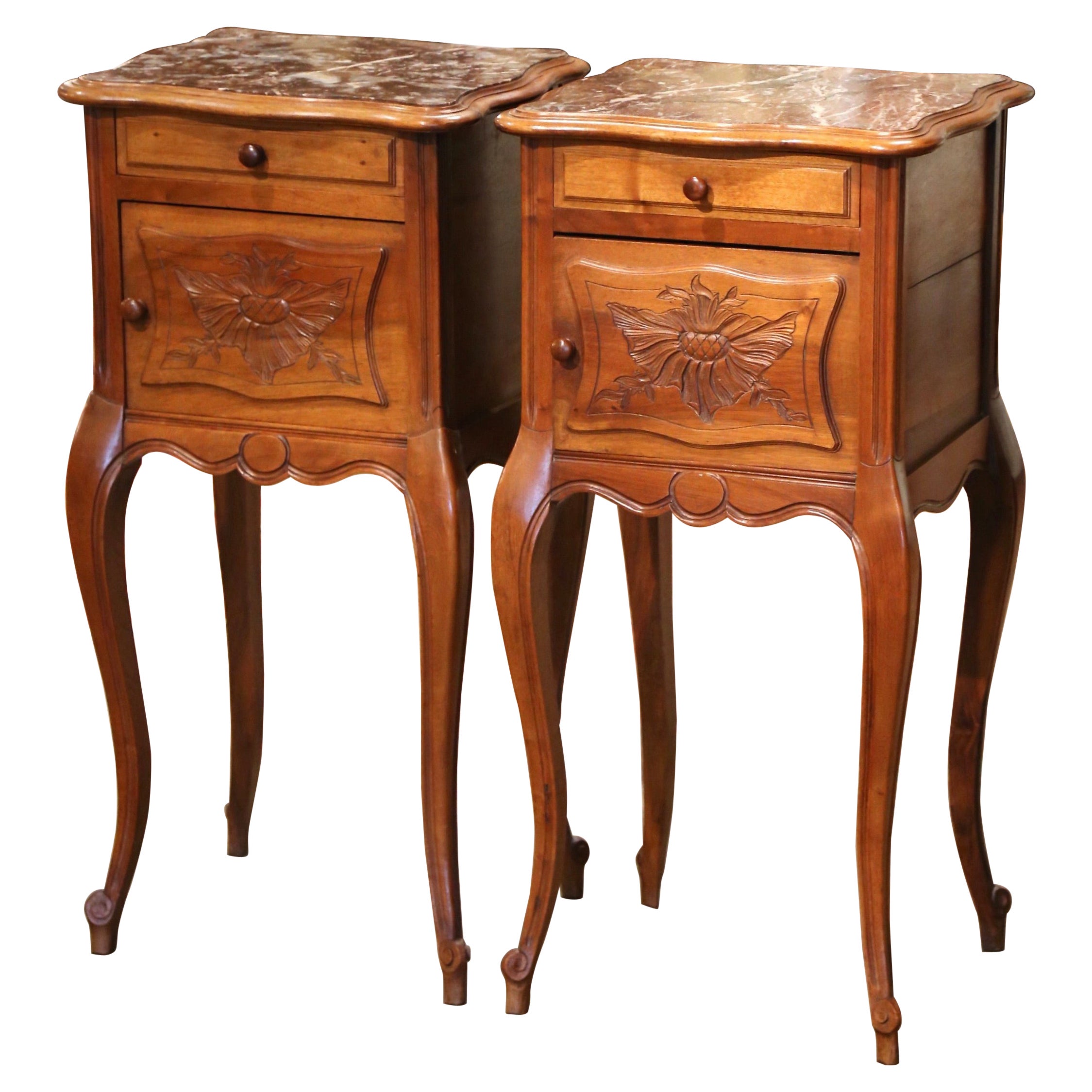 Pair of 1920's Louis XV Marble Top Carved Walnut Nightstands Bedside Tables