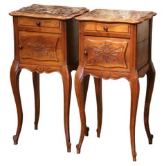 Pair of 1920's Louis XV Marble Top Carved Walnut Nightstands Bedside Tables