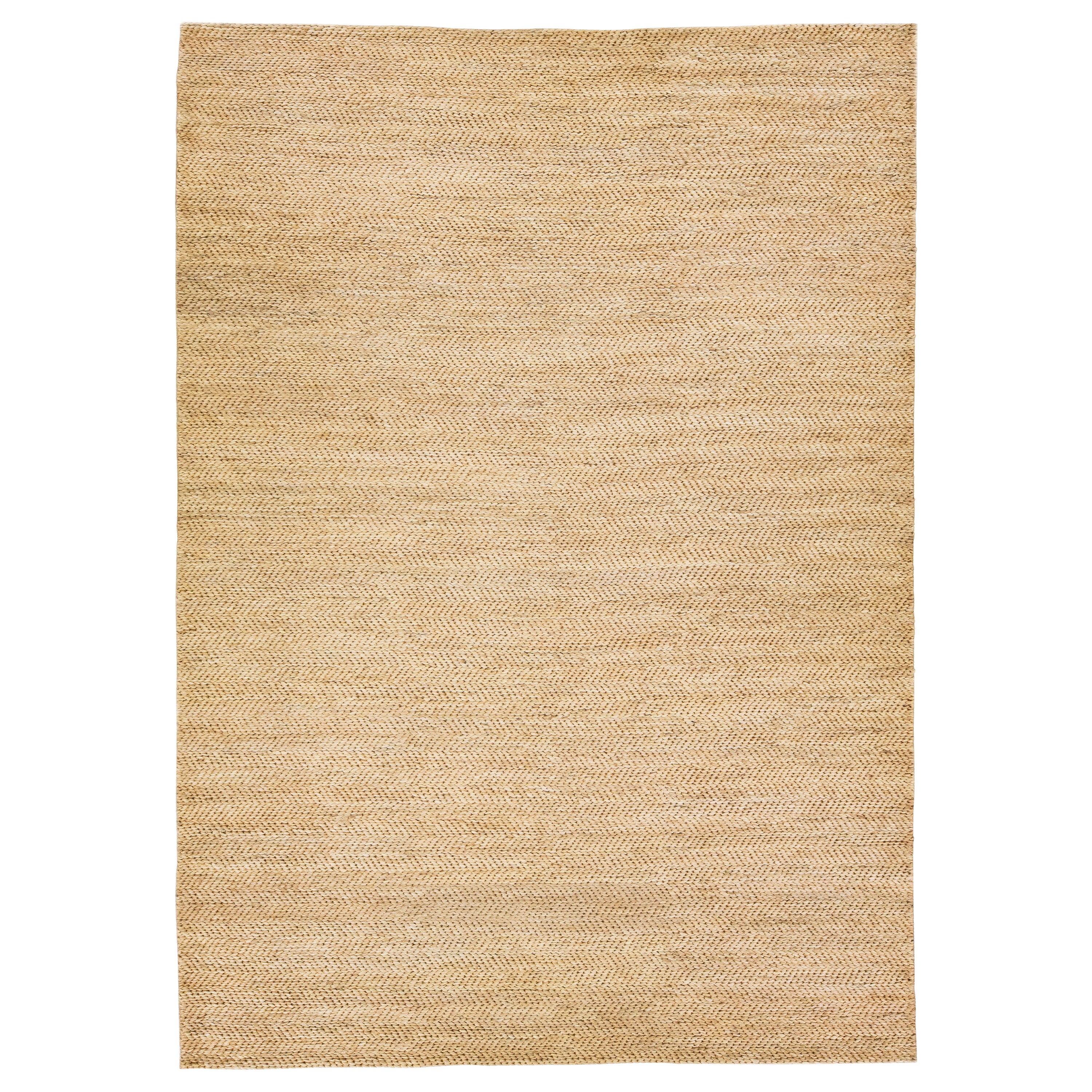 Modern Natural Texture Hand Woven Jute & Cotton Area Rug For Sale