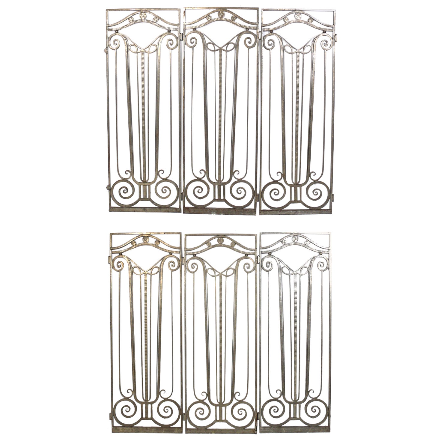 French Art Deco Silvered Iron Gates circa 1930s Six Total 70" x 26" each approx For Sale