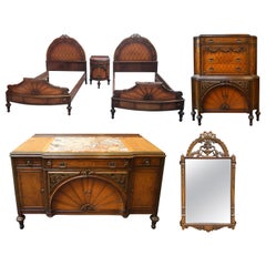 Early 1900s William & Mary Parcel Gilt Burl Walnut & Kingwood Twin Bedroom Set