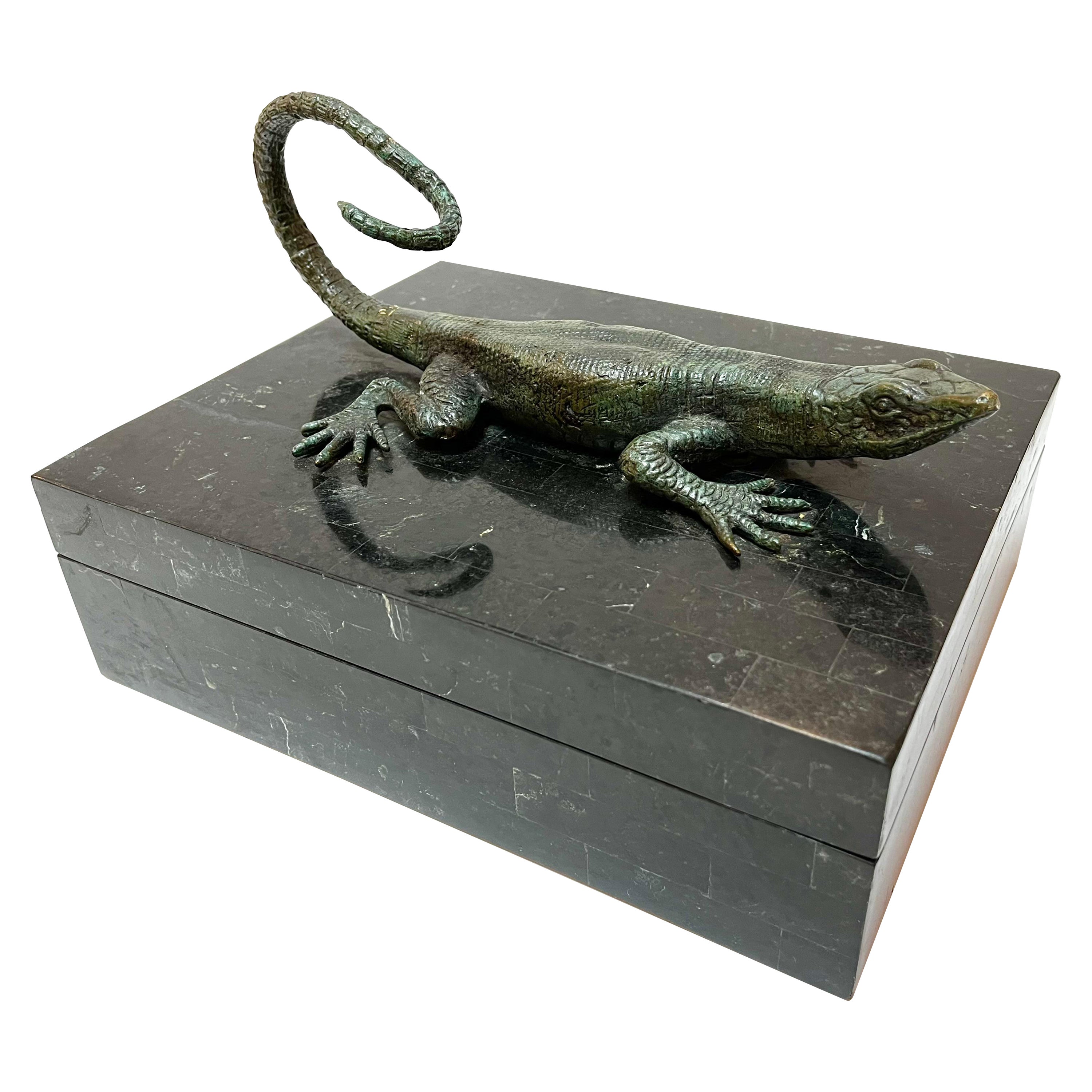 Maitland Smith Tessellated Stone Box with Verdigris Bronze Figural Salamander