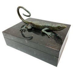 Maitland Smith Tessellated Stone Box with Verdigris Bronze Figural Salamander