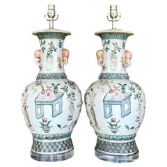 Vintage Asian Hand Painted Glazed Pottery Lamps, a Pair