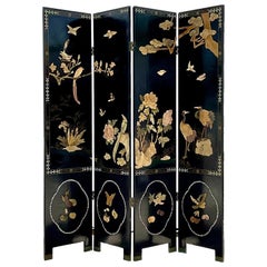 Vintage Asian Chinese Lacquered Four Panel Folding Screen