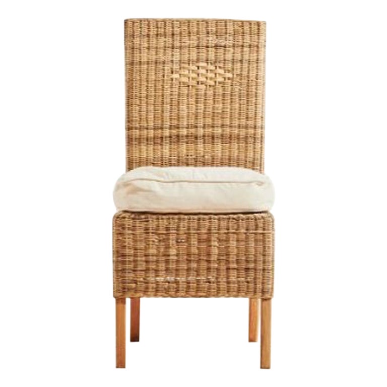 Handwoven Malawi Cane Dining Chair in Closed Weave with White Linen Cushion For Sale