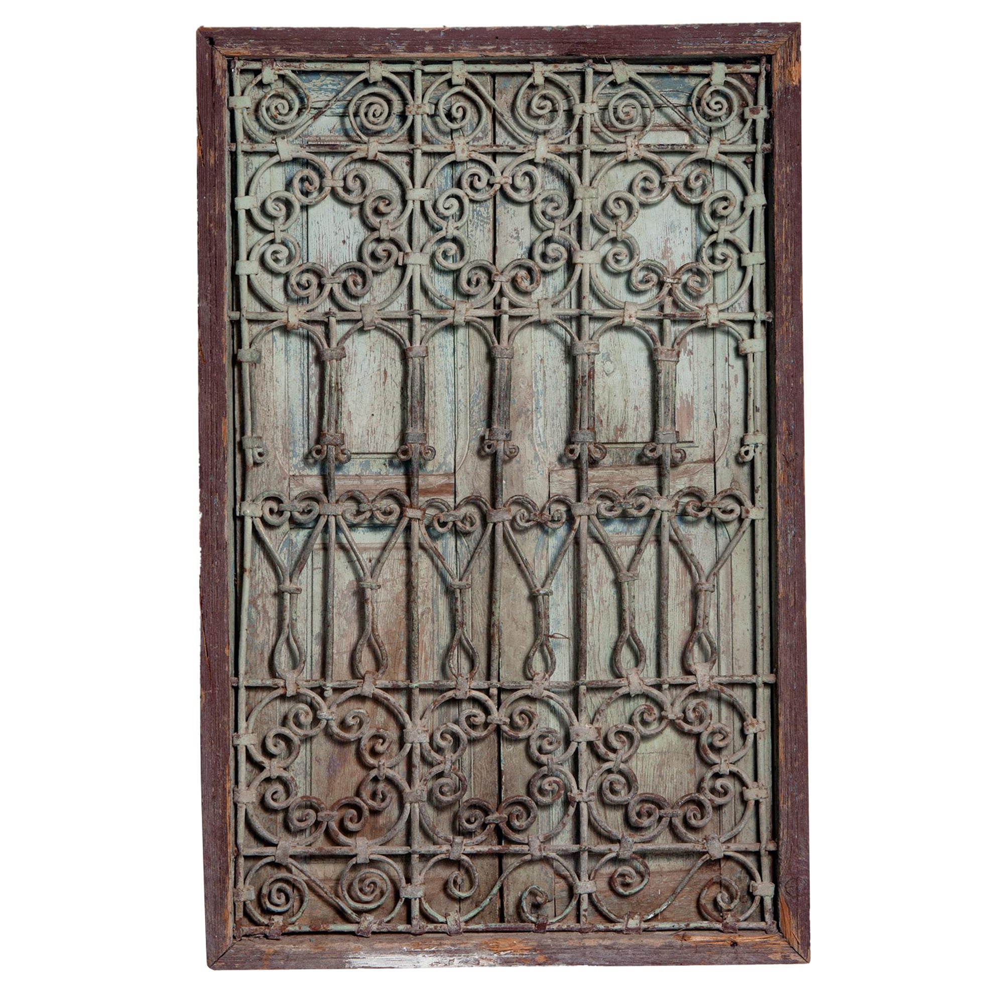 Weathered Moroccan Wood & Iron Antique Window with Shutters  For Sale