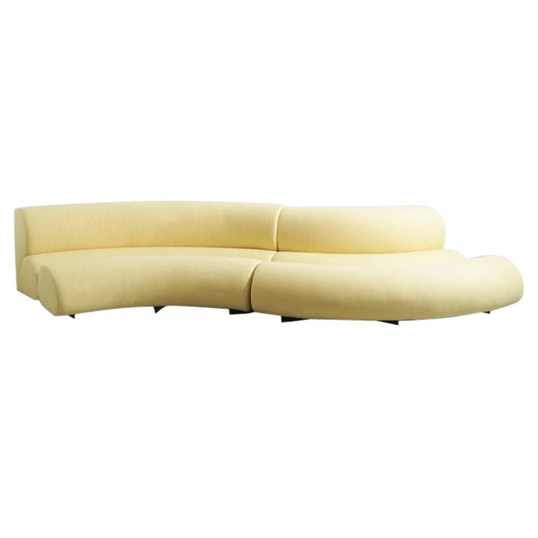 Contemporary Modern Celeste Curved Sofa aus gelbem Wollfilz und schwarzem Metallgestell