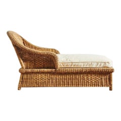 Handwoven Malawi Cane Chaise Lounge in Classic Weave with White Linen Cushion