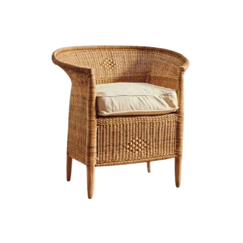 Handwoven Malawi Cane Lounge Chair in Closed Weave with White Linen Cushion For Sale