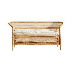 Handwoven Malawi Cane Sofa in Traditional Weave with White Linen Cushion