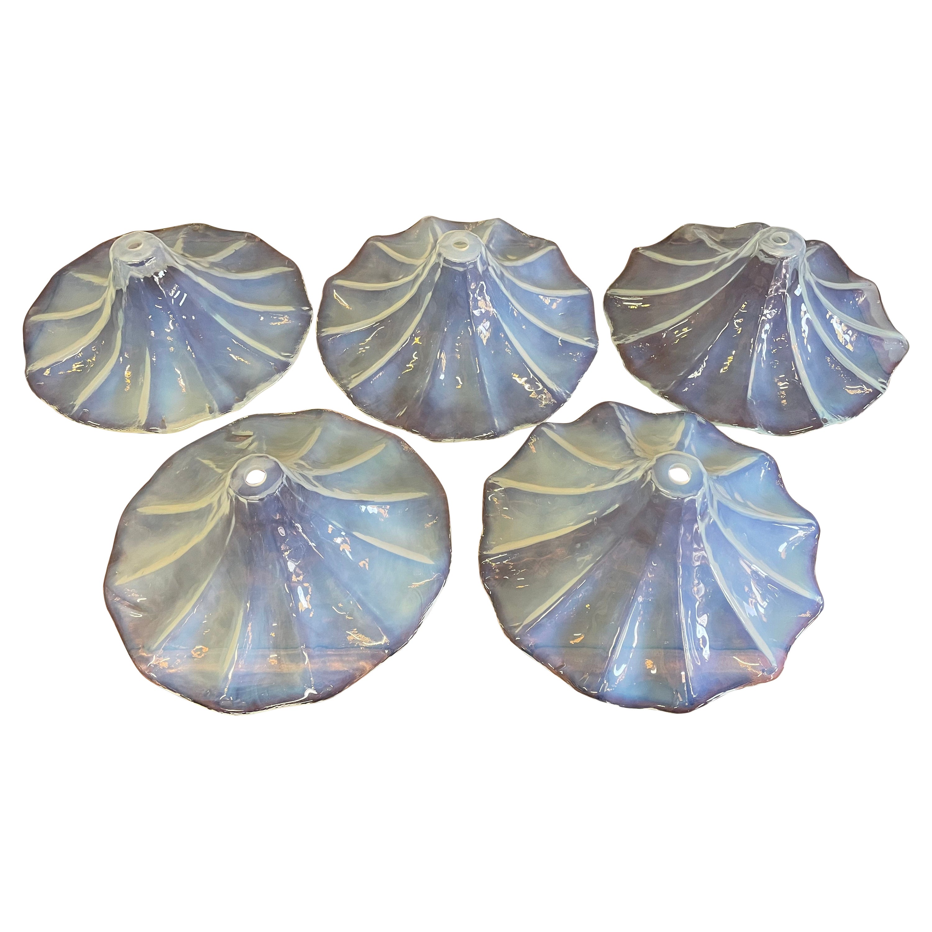 Unique Set of Lalique Like Midcentury Iridescent Blue Glass Pendant Light Shades For Sale