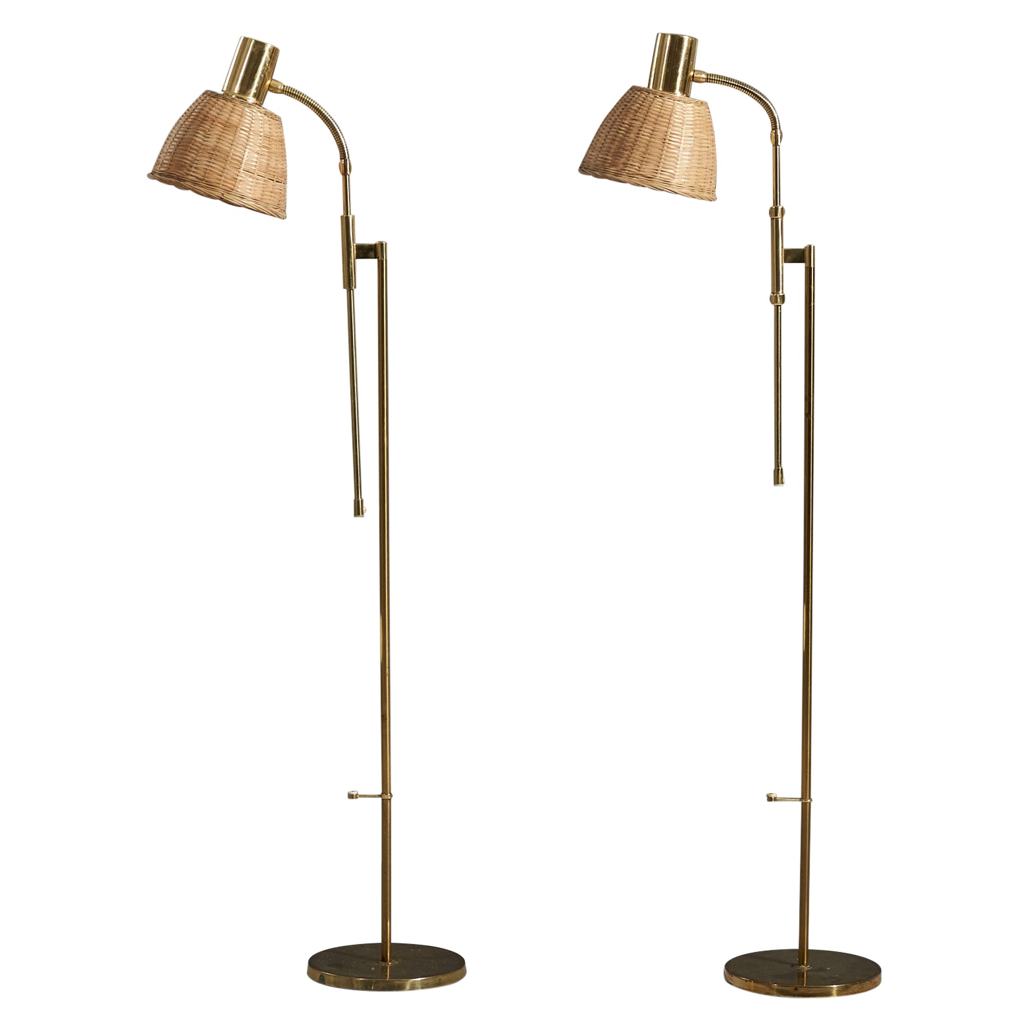 Falkenbergs Belysning, Pair of Floor Lamps, Brass, Rattan, Sweden, 1970s