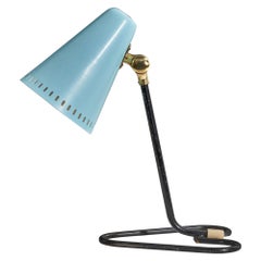 Swedish Designer, Table Lamp, Brass, Blue Lacquered Metal, Sweden, c. 1950s