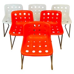 Circa 2010 Six Red & White Robin Day 'Polo' Sled Chrome & Polypropylene Chairs