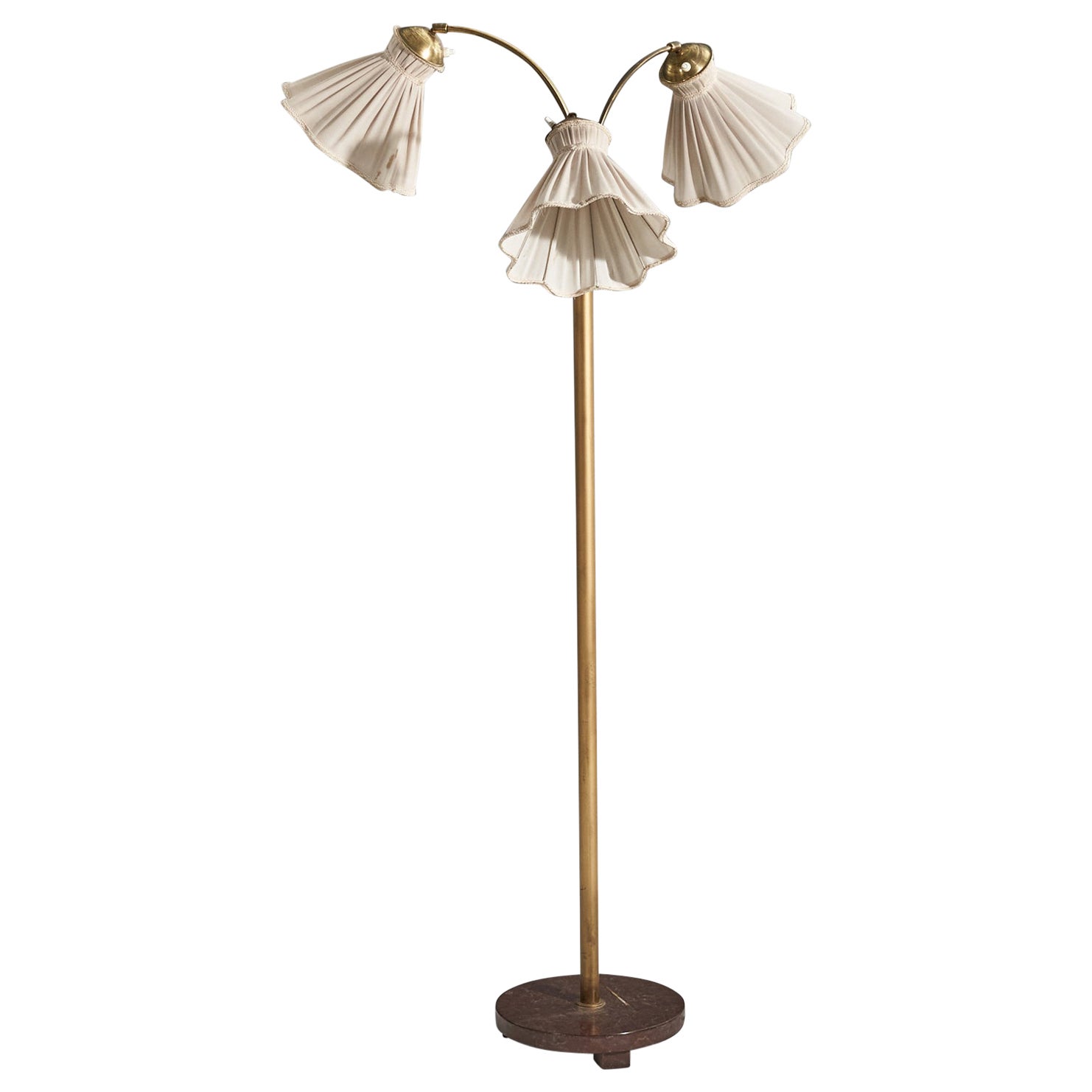 Swedish Designer, Floor Lamp, Brass, Fabric, Marble, Sweden, 1930s For Sale