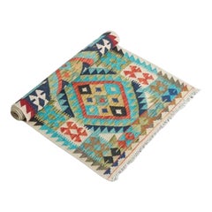 Runner in lana kilim diamante con motivo geometrico blu vibrante