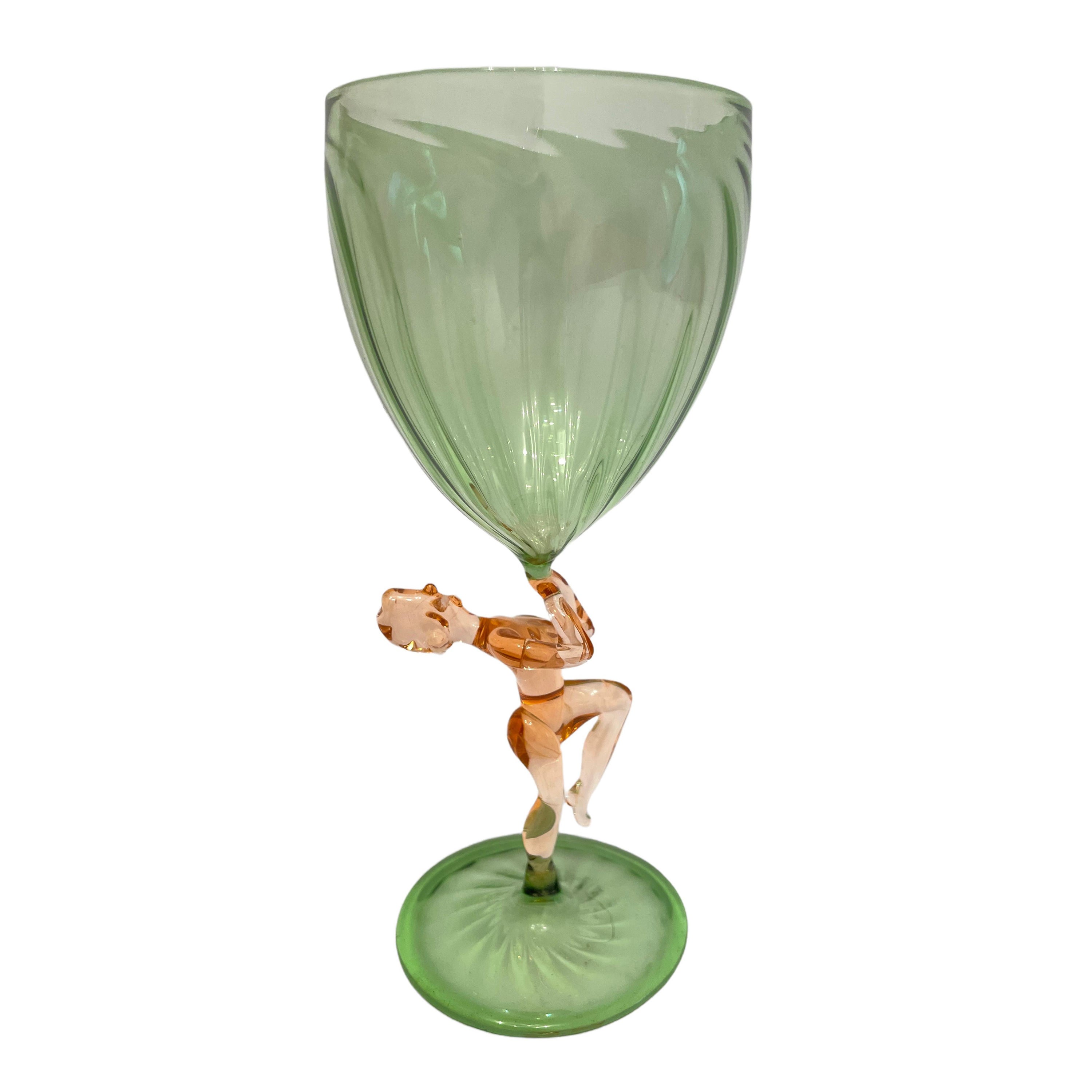 Schönes grünes Stemware-Glas, nackte Dame am Stiel, Vintage-Bimini-Kunstglas Österreich