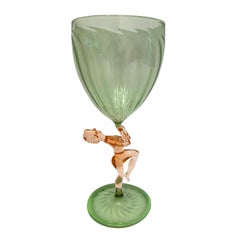 Beautiful Green Stemware Glass, Nude Lady Stem, Bimini Art Glass Vintage Austria