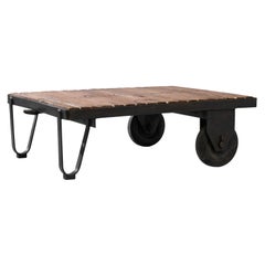 Vintage Central European Metal Coffee Table on Wheels