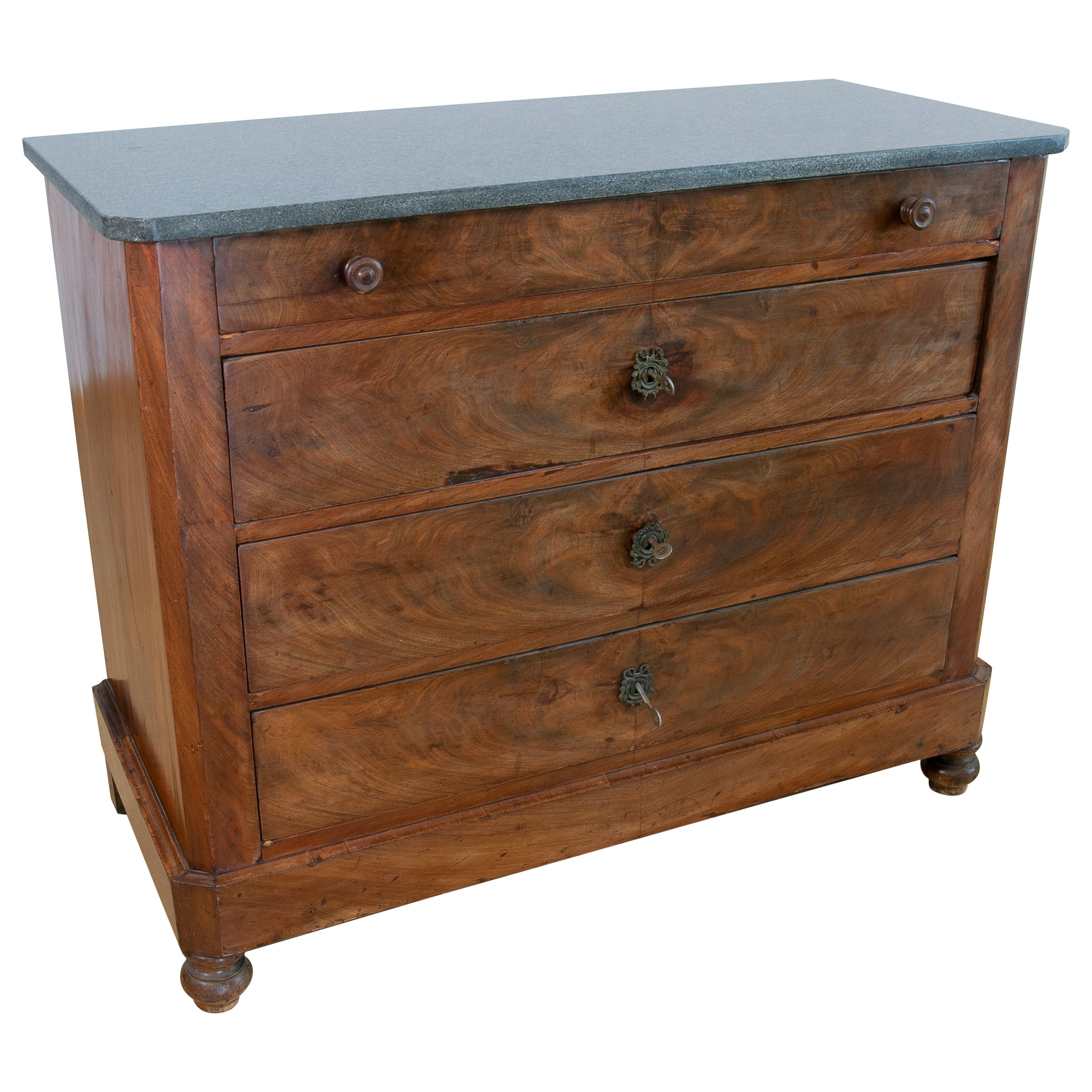 Spanish Mahogany Chest of Drawers with Five Drawers and Iron and Wooden Handles For Sale