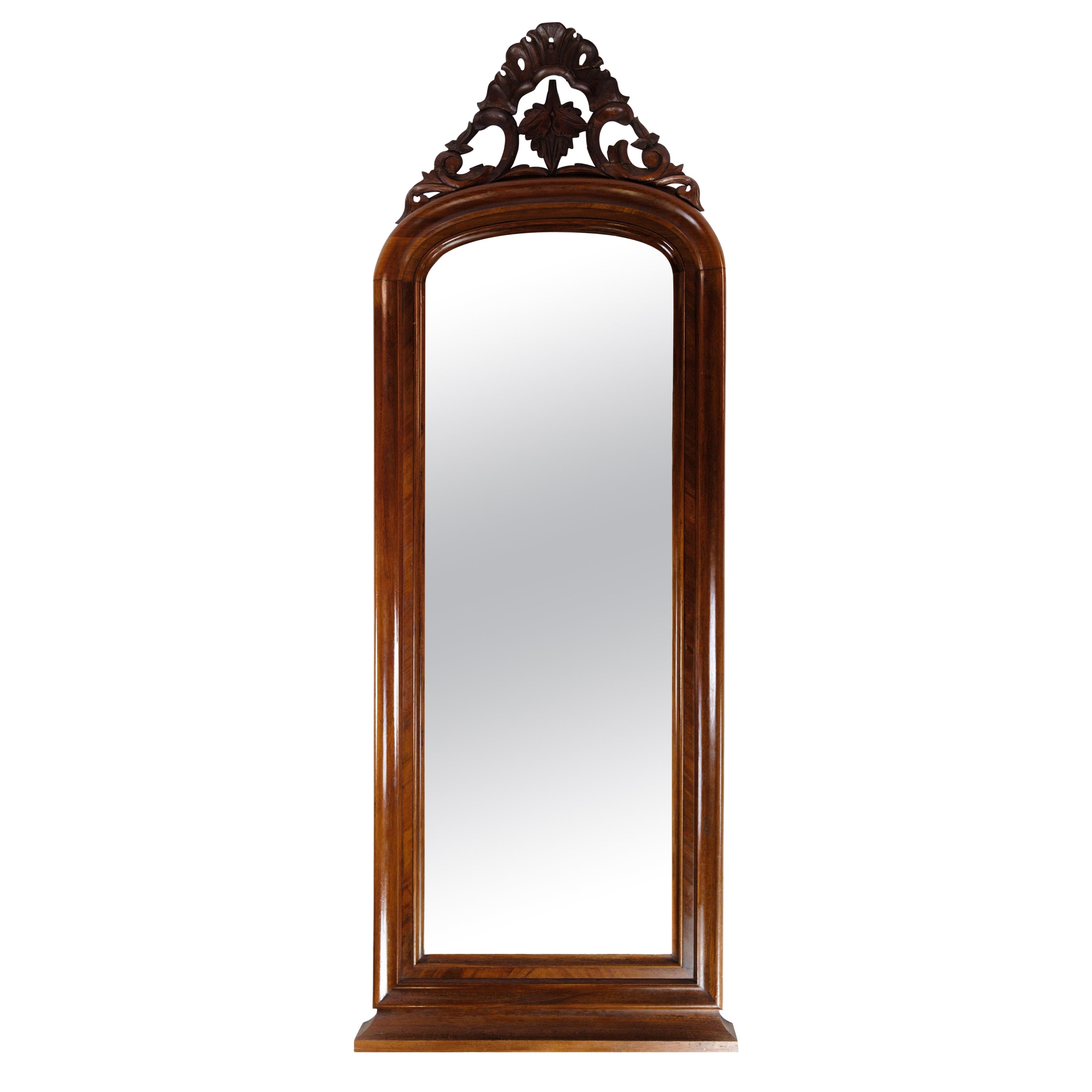 Antique Mirror in Mahogany Wood, Decorated with Carvings from Around the 1860s For Sale