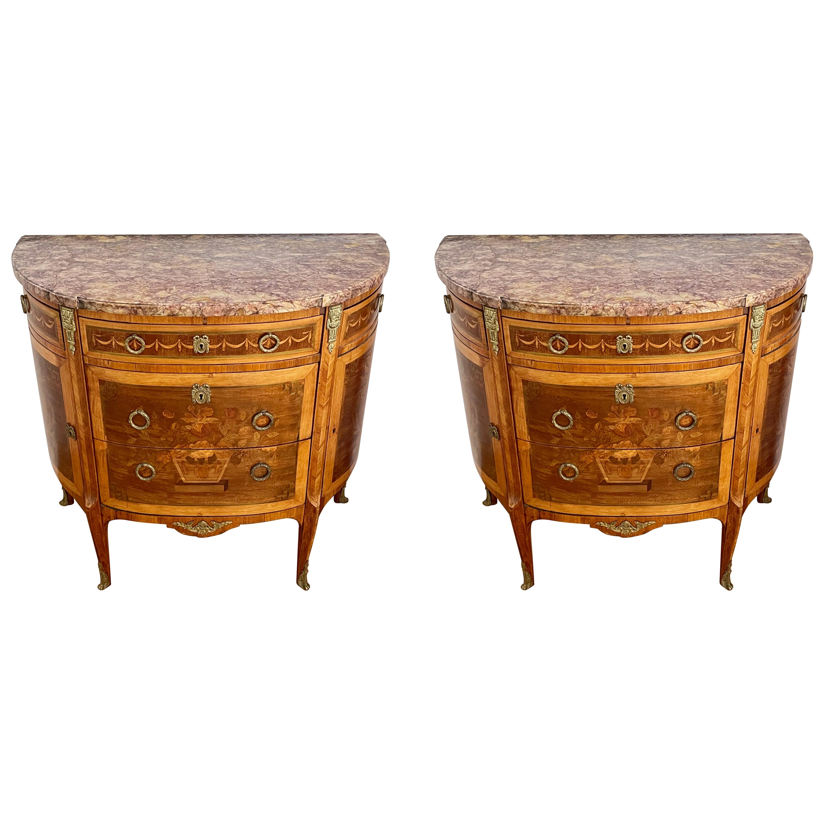 Pair of Neoclassical Kingwood Demi-Lune Commodes
