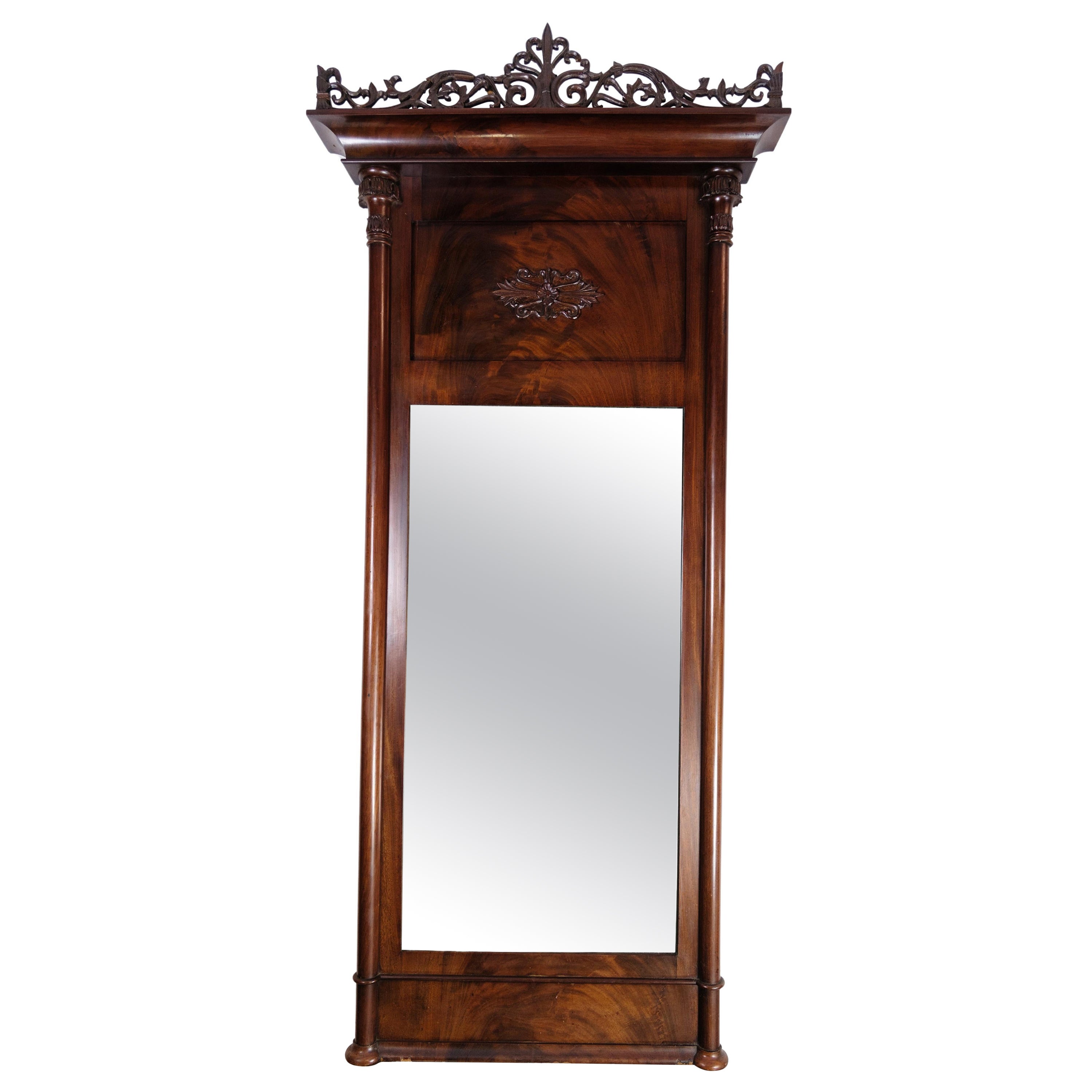 Mirror, Hand Polished Mahogany, Carvings, Denmark, 1890s For Sale