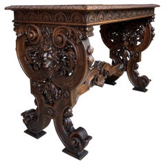 19th Century French Console Sofa Table Louis XIV Style Carved Walnut Lyre Scroll