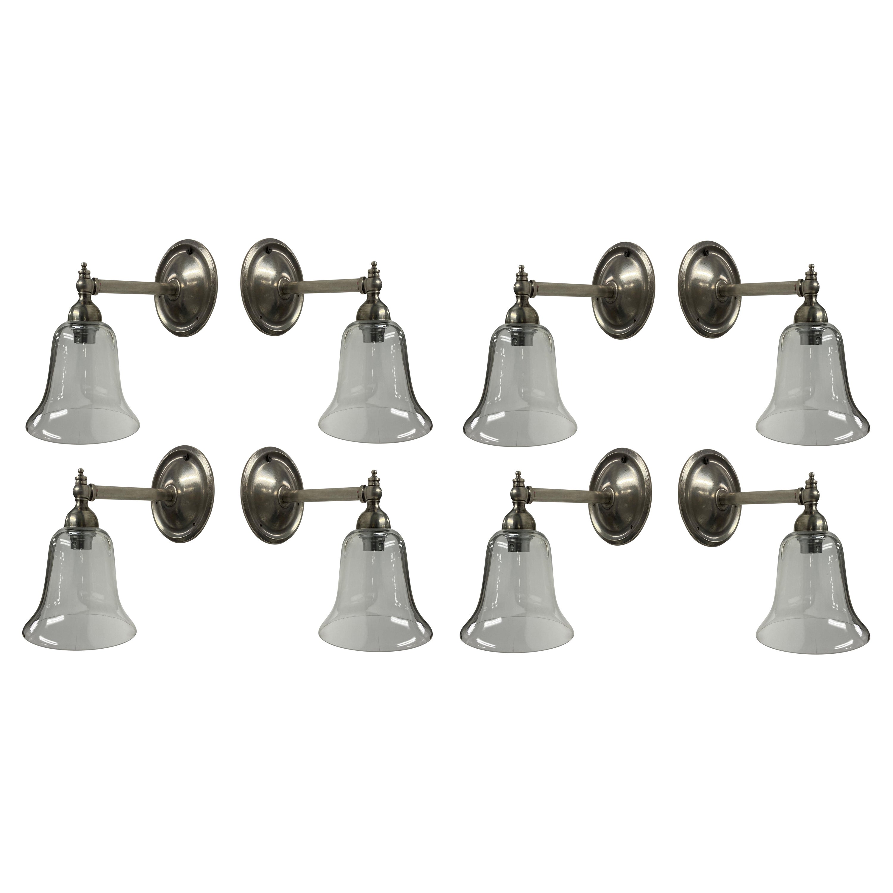 Set of Eight English Single Arm Sconces with Bell Shaped Glass Shades For Sale