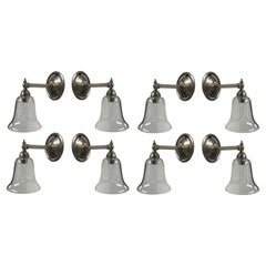 Antique Set of Eight English Single Arm Sconces with Bell Shaped Glass Shades